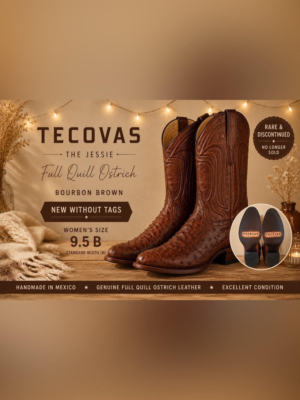 NWOT TECOVAS “The Jessie” Full Quill Ostrich Western Boots Bourbon Brown 9 1/2 B